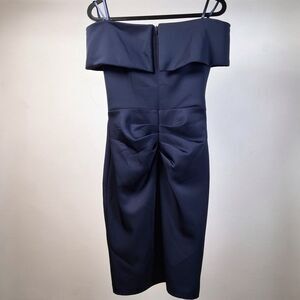 NWT Xscape Off-Shoulder Ruffle Midi Cocktail Dress Navy Blue 6P Petite $229